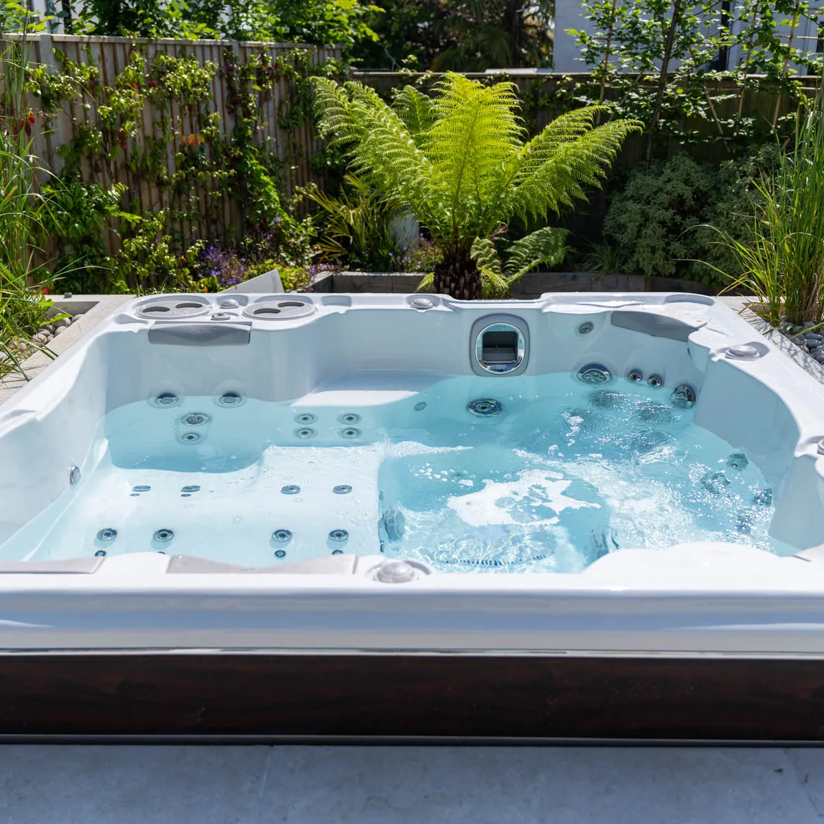 The hot tub with tree ferns and planting behind it